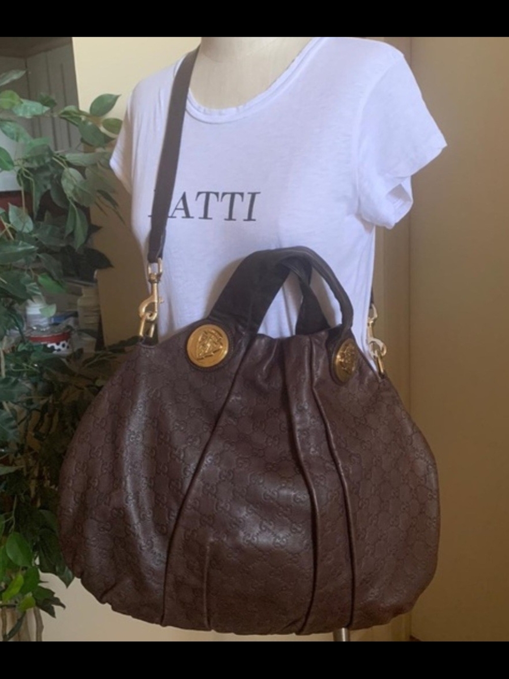 Gucci Dark Brown Embossed Leather Tote with Gold Medallions